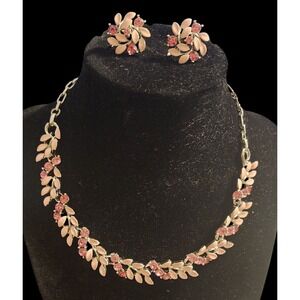 VTG Lisner Pink Rhinestone Necklace & Earrings Set  Floral 15 in" Necklace